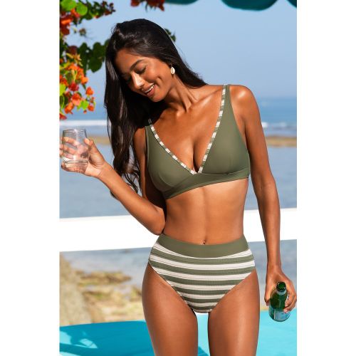 Bikini rayé à col plongeant et taille haute - CUPSHE - Modalova