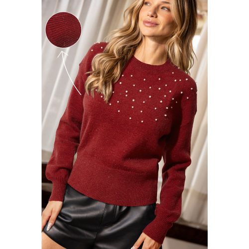 Pull rouge en tricot à col rond et détails en fausses perles - CUPSHE - Modalova