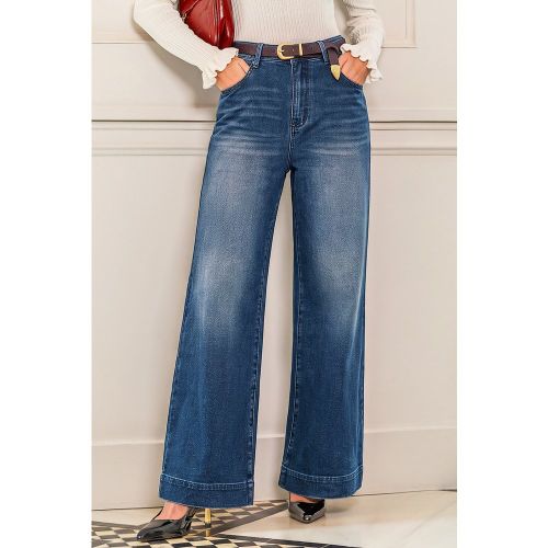Jean délavé foncé à jambe évasée boucles de ceintures - CUPSHE - Modalova