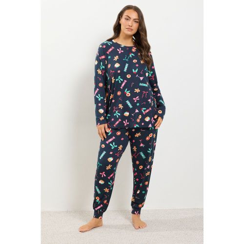 Ensemble De Pyjama Et Masque De Nuit De Noël Bleu Marine Au Toucher Doux Size 46-48 - Yours - Modalova