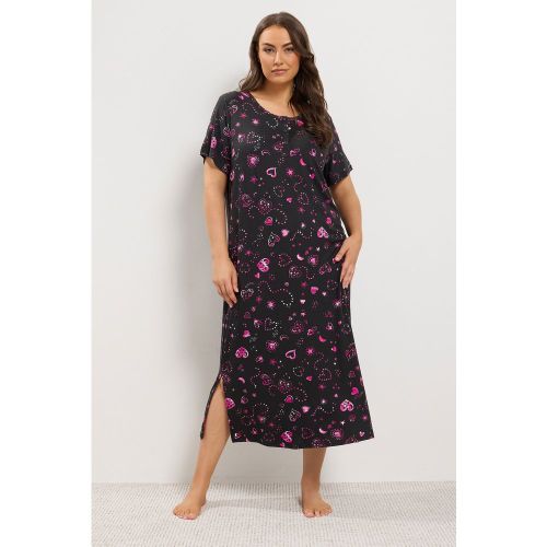 Chemise De Nuit Midaxi Noire À Motif Cœur Au Toucher Doux Avec Patte De Boutonnage Size 46-48 - Yours - Modalova