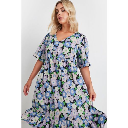 Robe Volantée Noire Floral Bleu Smocké , Grande Taille & Courbes - Yours - Modalova