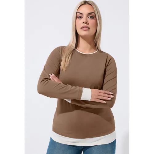 Tshirt Marron À Manches Longues Et Ourlet Contrastant Size 48 - Limited Collection - Modalova