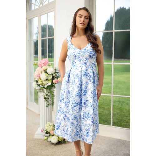 Robe Patineuse À Fleurs Blanc Et Bleu Size 46 - Yours London - Modalova