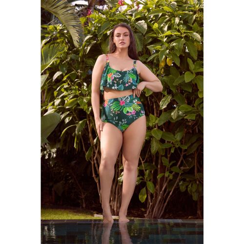 Bas De Bikini Gainant Taille Très Haute Vert À Imprimé Tropical Size 24 - Yours - Modalova