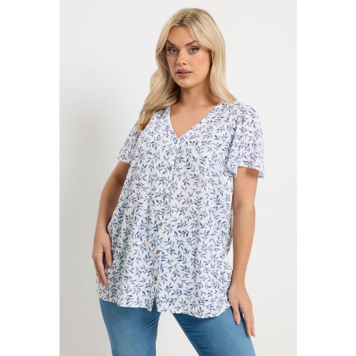 Blouse En Lin Blanc Et Bleu À Imprimé Feuilles Size 44 - Yours - Modalova