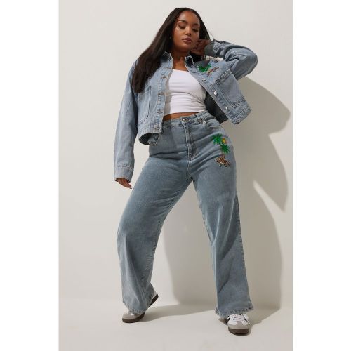 Jean Wide Leg Bleu Brodé Palmiers Size 50-52 - Limited Collection - Modalova