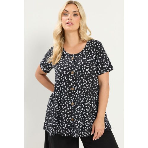 Tshirt Côtelé Noir Et Blanc À Petites Fleurs Size 54-56 - Yours - Modalova