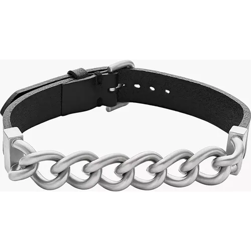 Bracelet en acier inoxydable et cuir noir - Fossil Outlet - Modalova
