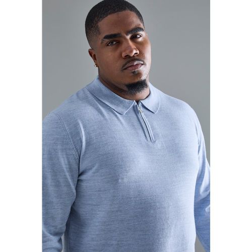 Plus Concealed Half Zip Knitted Polo In Blue - Boohooman - Modalova