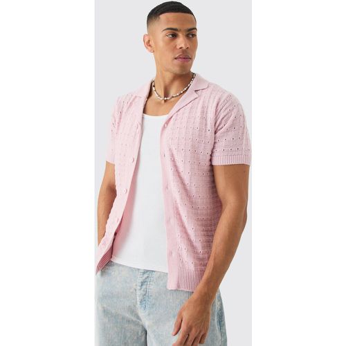 Open Stitch Button Down Knitted Shirt In Pink - Boohooman - Modalova