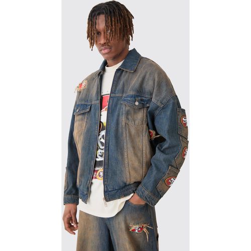 Veste oversize zippée en jean à poches multiples et imprimé NFL 49ers - S - Boohooman - Modalova