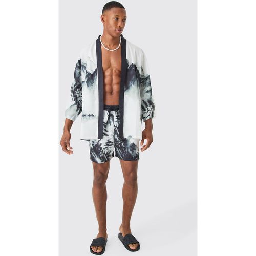 Ensemble oversize imprimé avec chemise kimono et short de bain - S - Boohooman - Modalova