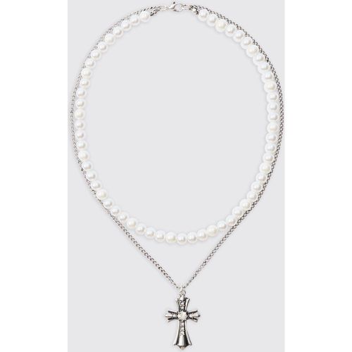 Pearl & Chain Necklace With Cross Pendant In Silver - Boohooman - Modalova