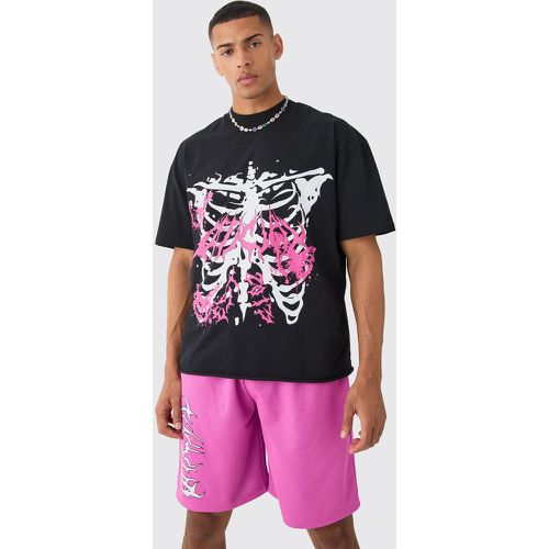 Oversized Extended Neck Raw Hem Skeleton T-shirt And Mesh Shorts Set - Boohooman - Modalova