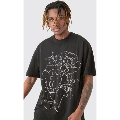 Tall Mono Floral Stencil Printed T-shirt In Black - Boohooman - Modalova