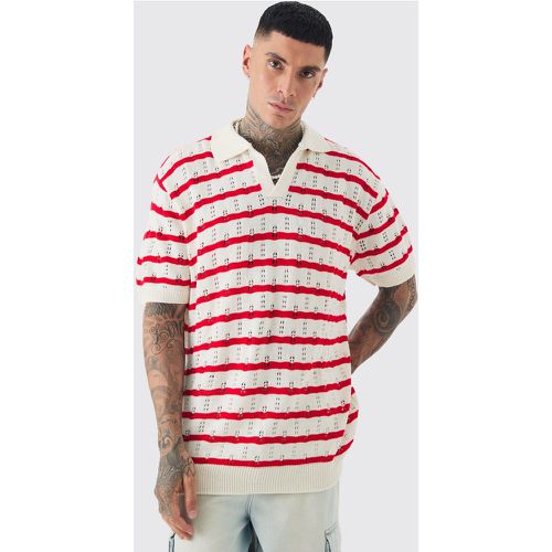 Tall Short Sleeve Oversized Crochet Knit Stripe Polo In Red - Boohooman - Modalova