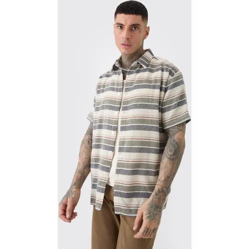 Tall Short Sleeve Oversized Textured Stripe Shirt In Stone - Boohooman - Modalova