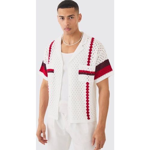 Oversized Boxy Open Stitch Revere Stripe Shirt In White - Boohooman - Modalova