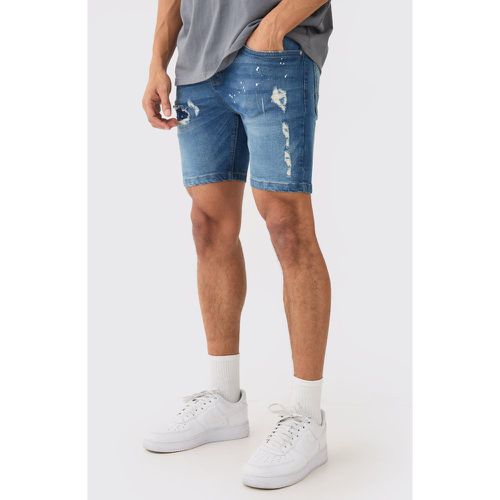 Relaxed Fit Ripped Denim Shorts In Blue Wash - Boohooman - Modalova