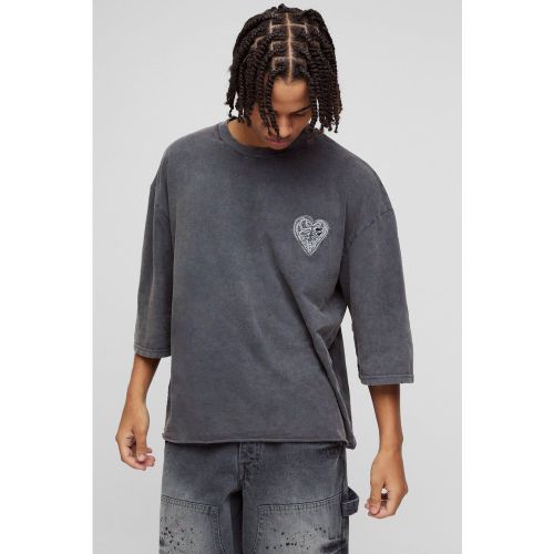 T-shirt oversize délavé à manches 3/4 - S - Boohooman - Modalova