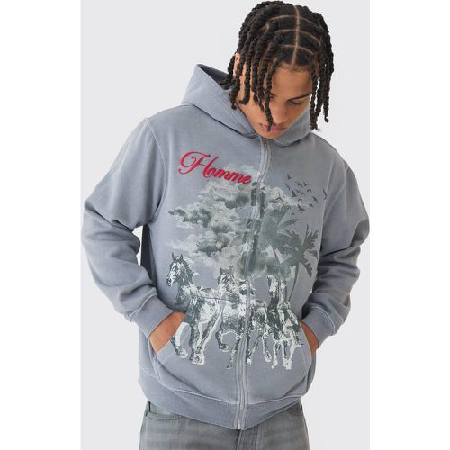 Sweat à capuche oversize zippé délavé à imprimé cheval - L - Boohooman - Modalova