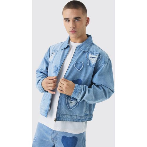 Bomber oversize en jean à écusson cœur - S - Boohooman - Modalova