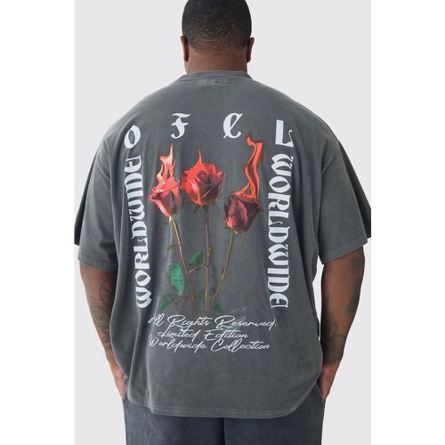 Plus Oversized Extended Neck Flame Rose Print Washed T-shirt - XXXL - Boohooman - Modalova