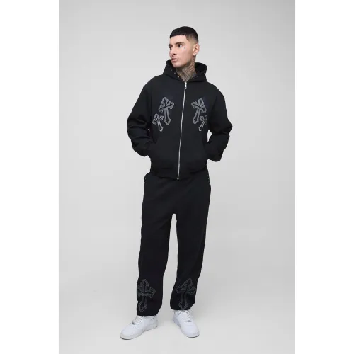 Tall - Sweat à capuche oversize zippé et broderie croisée - S - Boohooman - Modalova