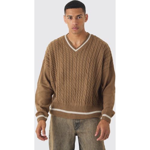 Pull oversize à col V en maille torsadée - XL - Boohooman - Modalova