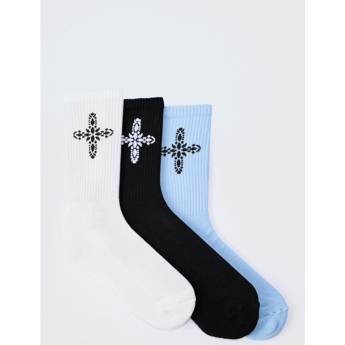 Lot de 3 paires de chaussettes côtelées à imprimé croisé - ONE SIZE - Boohooman - Modalova