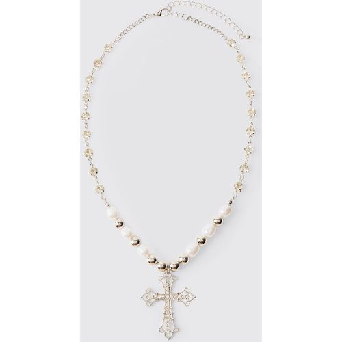 Cross Pendant Pearl And Metal Bead Necklace - ONE SIZE - Boohooman - Modalova