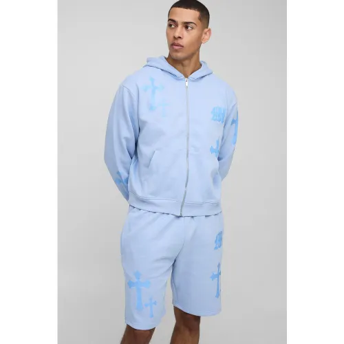 Survêtement oversize zippé avec sweat à capuche et short - S - Boohooman - Modalova