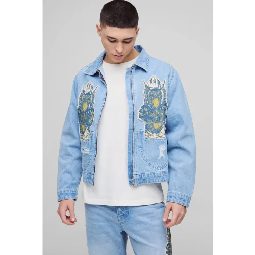 Veste oversize en jean à broderie - S - Boohooman - Modalova