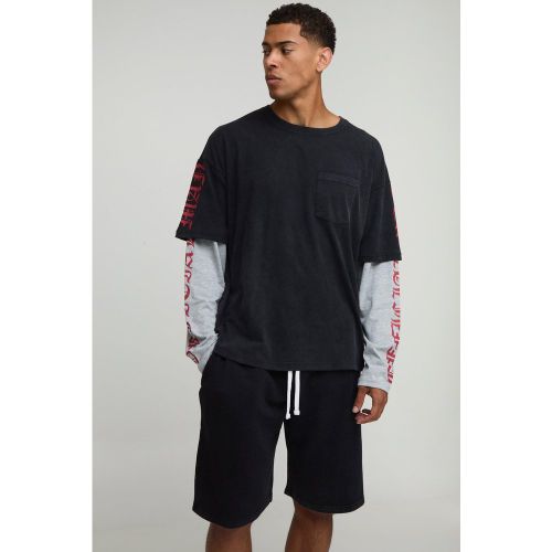 Ensemble oversize délavé à manches longues avec t-shirt et short - Official - S - Boohooman - Modalova