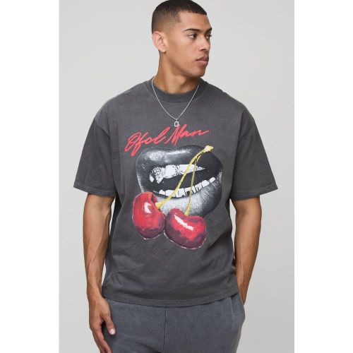 T-shirt oversize délavé à imprimé cerise - S - Boohooman - Modalova
