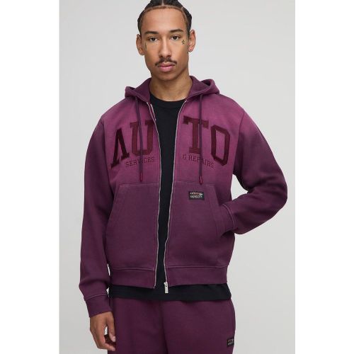 Burgundy Boxy Embroidered Spray Wash Zip Through Hoodie - S - Boohooman - Modalova