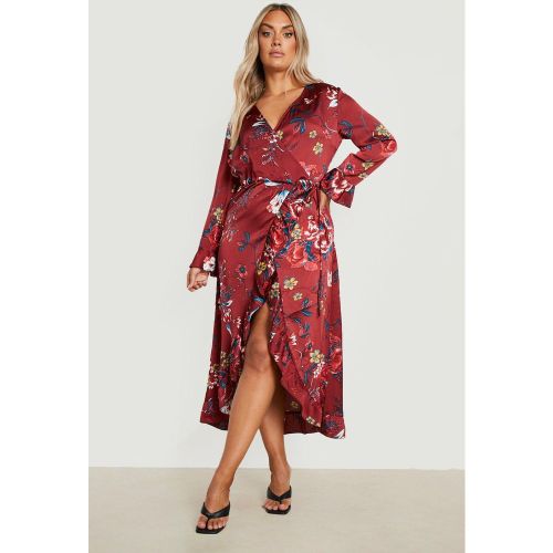 Grande Taille - Robe Portefeuille Fleurie À Volants - 48 - boohoo - Modalova