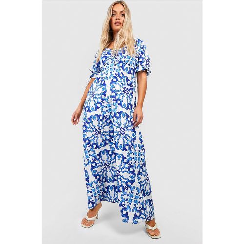 Grande Taille - Robe Longue À Imprimé Porcelaine Et Manches Bouffantes - 44 - boohoo - Modalova