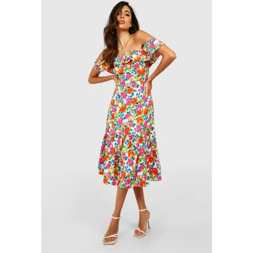 Robe Mi-Longue Fleurie À Volants - 40 - boohoo - Modalova