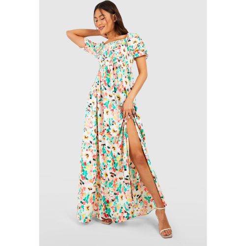 Robe Longue Froncée Fleurie À Col Carré - 40 - boohoo - Modalova