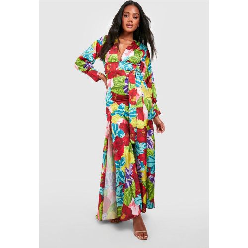 Robe Longue Fendue Satinée Imprimée - 36 - boohoo - Modalova