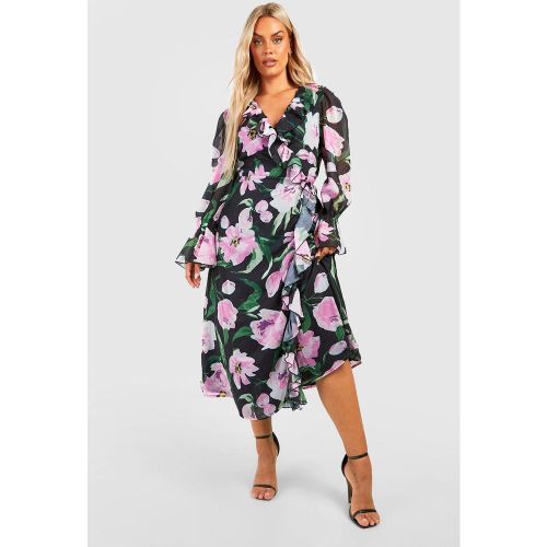Grande Taille - Robe Portefeuille Fleurie À Volants - 46 - boohoo - Modalova