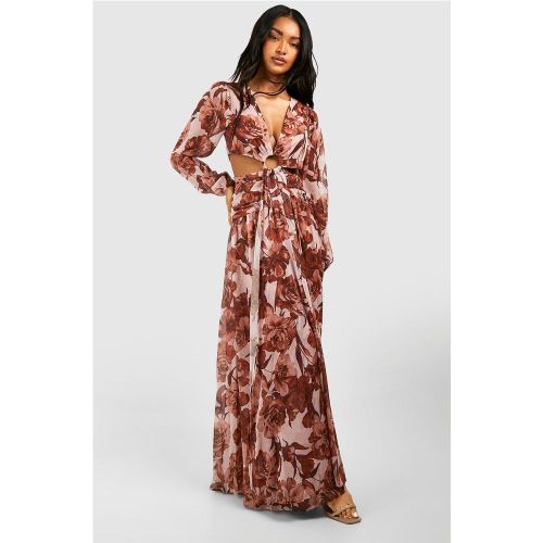 Robe Longue Fleurie En Mousseline De Soie À Découpe - 42 - boohoo - Modalova