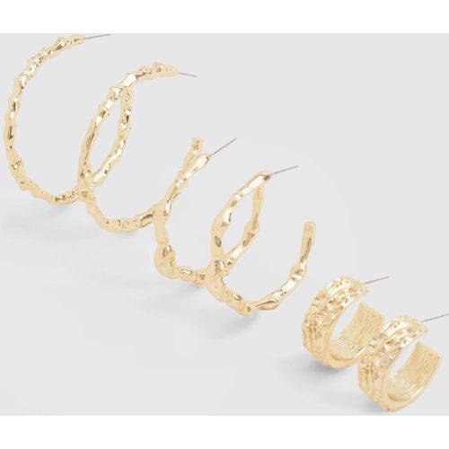 Gold Hammered Hoop Earrings 3 Pack - boohoo - Modalova
