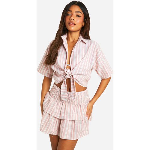 Chemise De Plage Nouée En Lin À Rayures - M - boohoo - Modalova