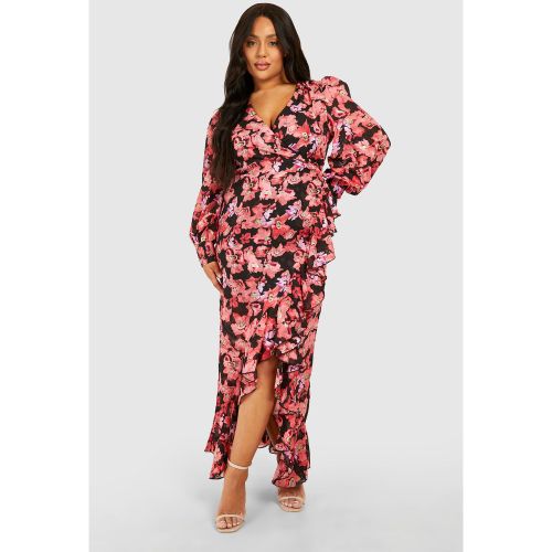 Grande Taille - Robe Portefeuille Fleurie À Volants - 44 - boohoo - Modalova