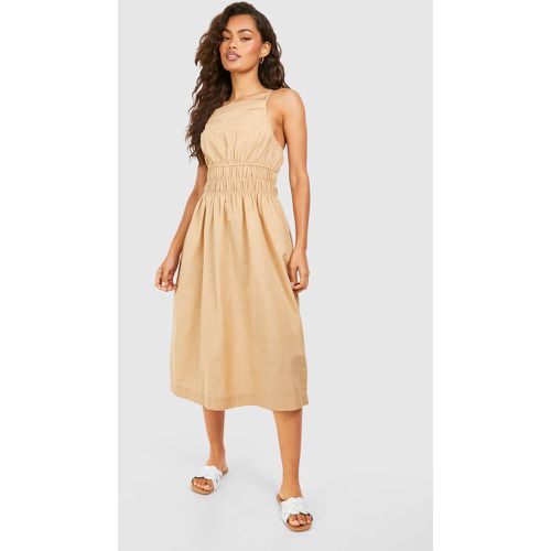 Strappy Linen Shirred Waist Midi Dress - boohoo - Modalova
