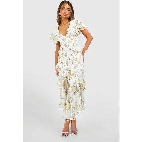 Robe Longue Fleurie À Volants - 40 - boohoo - Modalova