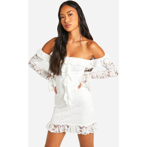 Robe Courte En Dentelle À Manches Évasées - 40 - boohoo - Modalova